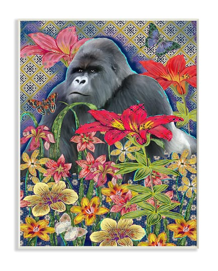 Stupell Industries Gorilla Standing Behind Tropical Florals Geometric Pattern Wall Plaque